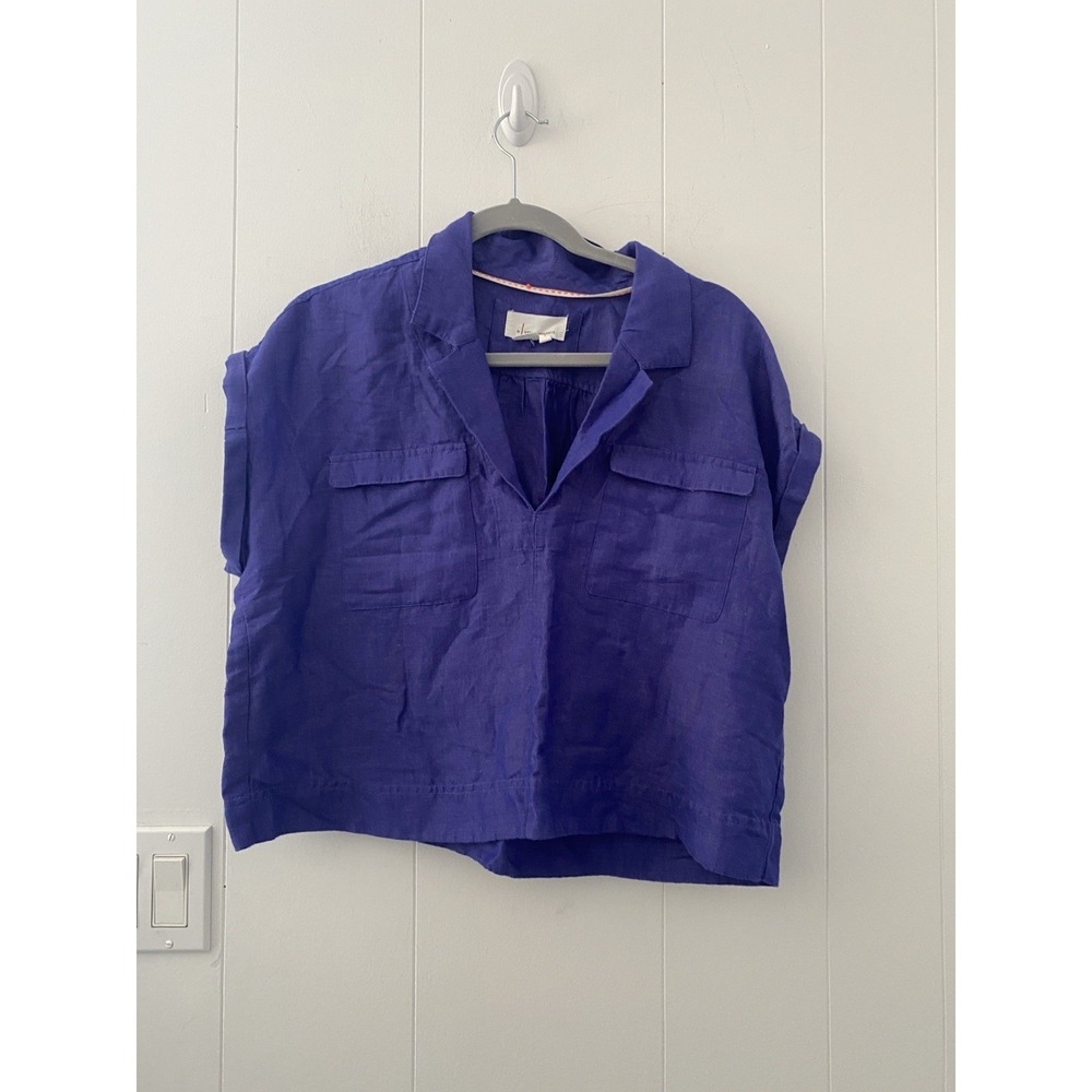 Anthropologie Cropped Utility Pullover Linen Buttonless‎ Top Blue Sz Large